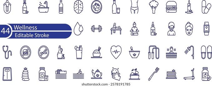 Wellness Line Editable Icons set. Vector illustration in thin line modern style of remotely mental health related icons , work-life balance, self-love, meditation, and more.