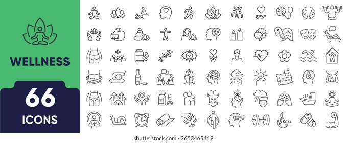 Wellness Line Icon Set. Set of 66 outline icons including meditation, self-care, balance, healthy habits, relaxation, mental health, and fitness. Editable stroke. Linear vector illustration.