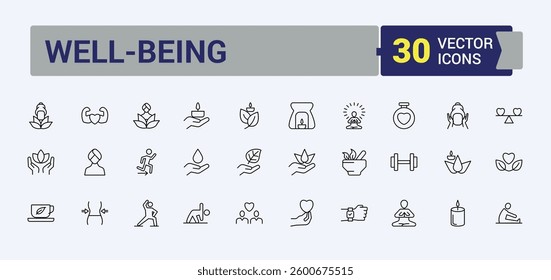 Wellness line icon set. Contain linear sign relaxation, health, therapy, exercise, activity and more. Thin linear style icons. Care simple icon set. Vector illustration.