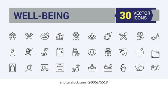 Wellness line icon set. Contain linear sign relaxation, health, therapy, exercise, activity and more. Thin linear style icons. Care simple icon set. Vector illustration.