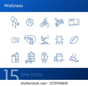 Wellness line icon set. Equipment, sport, supplement. Physical activity concept. Can be used for topics like slimming, exercising, recreation