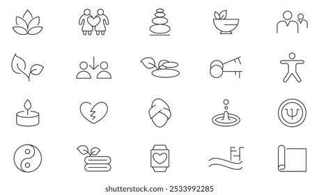 Symbolsatz für Wellnesslinie. Entspannung, Spa, Schlaf, Yoga, Gesundheit, Lifestyle, spirituelle Praxis, Meditation, Fitness, Wellness, Wohlbefinden, mentale Gesundheit Linie Ikonensatz. UI Thin Line Icon Pack.