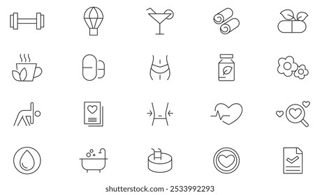 Symbolsatz für Wellnesslinie. Entspannung, Spa, Schlaf, Yoga, Gesundheit, Lifestyle, spirituelle Praxis, Meditation, Fitness, Wellness, Wohlbefinden, mentale Gesundheit Linie Ikonensatz. UI Thin Line Icon Pack.