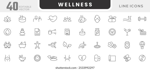 Wellness line icon set. Relaxation, spa, sleep, yoga, health, lifestyle, spiritual practice, meditation, Fitness, Wellness, wellbeing, mental health line icon set. UI thin line icon pack.
