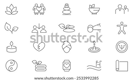 Wellness line icon set. Relaxation, spa, sleep, yoga, health, lifestyle, spiritual practice, meditation, Fitness, Wellness, wellbeing, mental health line icon set. UI thin line icon pack.