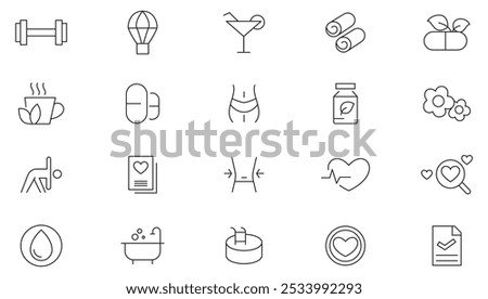 Wellness line icon set. Relaxation, spa, sleep, yoga, health, lifestyle, spiritual practice, meditation, Fitness, Wellness, wellbeing, mental health line icon set. UI thin line icon pack.