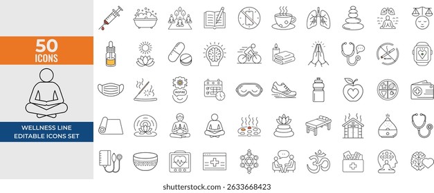 Wellness Line Icons Set – Mental Health, Healthcare, Yoga, Meditation, Spa, Lifestyle, Wellbeing, Medical – Editable Vector Illustration