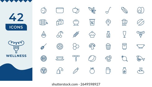 Wellness Line Icons set. Thin line modern style of health related icons Burger sandwich pizza hot dog cola coffee sweets, and more.