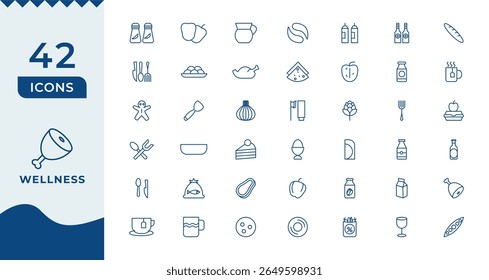 Wellness Line Icons set. Thin line modern style of health related icons Burger sandwich pizza hot dog cola coffee sweets, and more.