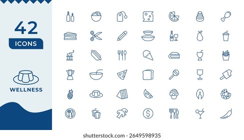 Wellness Line Icons set. Thin line modern style of health related icons Burger sandwich pizza hot dog cola coffee sweets, and more.