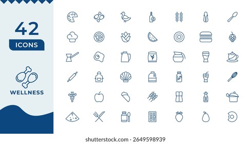 Wellness Line Icons set. Thin line modern style of health related icons Burger sandwich pizza hot dog cola coffee sweets, and more.