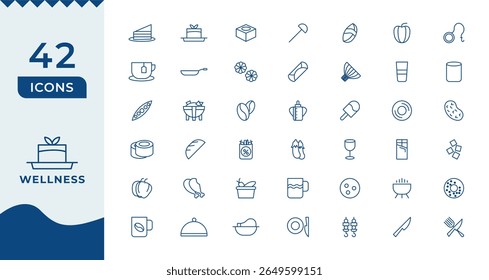 Wellness Line Icons set. Thin line modern style of health related icons Burger sandwich pizza hot dog cola coffee sweets, and more.