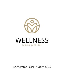 Wellness Logo. Gold Linear Style Leaf and People Combination isolated on White Background. Usable for Nature, Cosmetics, Healthcare and Beauty Logos. Flat Vector Logo Design Template Element.