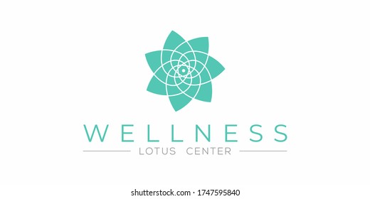 Wellness logo template. Spa logo. Lotus flower logo. Abstract beauty salon logotype. Linear style flower. Sacred geometry flower. 