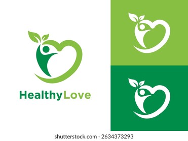 Wellness logo vector. health love logo design with human and leaf in love sign design combination	