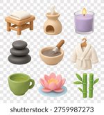 Wellness and Luxury Spa Vector Icon Set | 3D icon set | wooden massage stool with a towel, an incense oil burner, a scented purple candle, zen balancing stones, a face mask bowl with a brush, a white plush bathrobe, a cup of green tea, a pink lotus flower, and bamboo stalks