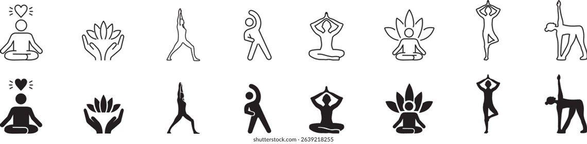 Wellness Meditation Practice Yoga and Zen icons set. Relaxation Inner Peace Self-knowledge Inner Concentration Editable Stroke Line icons collection Vector.