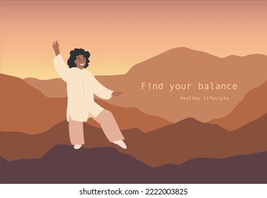 Wellness and mental health, flat vector illustration. Find your balance, wallpaper and background in earth tones. Sport healthy life concept. 
Website design template. Woman in pose of qigong, tai chi