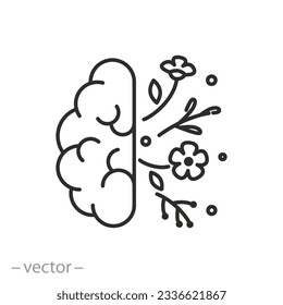 wellness mental health icon, human brain with beautiful flowers, happiness harmony, positive thinking, thin line symbol on white background - editable stroke vector illustration eps10