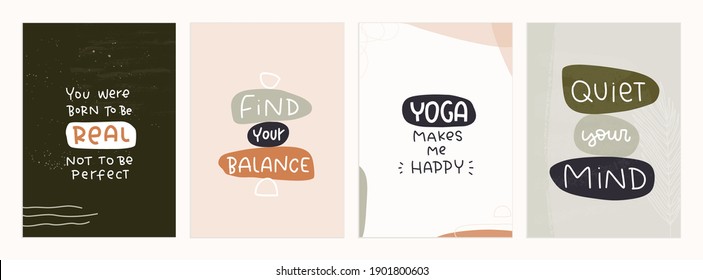 Wellness And Mental Health Quotes Set With Abstract Organic Shapes And Trendy Hand Lettering Messages. Find Your Balance, Yoga Makes Me Happy Sayings On Earth Tones Flyer Cards.