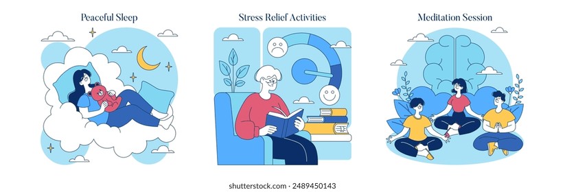 Wellness Methods set. Illustration of people engaging in activities for health, like sleep, stress relief, and meditation. Vector illustration.