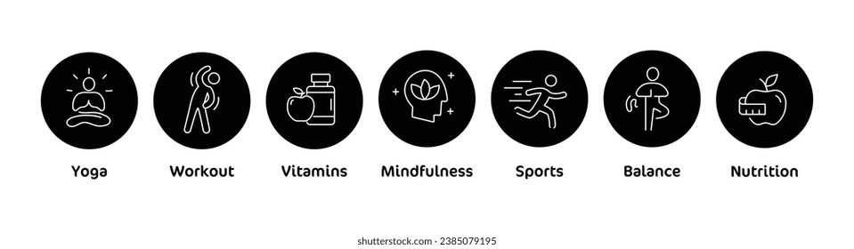 Wellness and Mindfulness Icon Concepts - Yoga, Workout, Vitamins, Sports, Balance, Nutrition