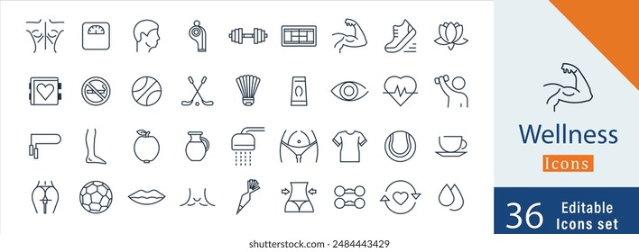 Wellness minimale dünne Linie Icons. Verwandte gesunde Lebensweise, Entspannung, Bewegung, Fitness. Bearbeitbarer Strich. Vektorillustration.