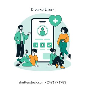 Wellness Monitoring concept. Digital health app interface engaging diverse people. Tracking fitness, activity, nutrition for various users. Vector illustration.