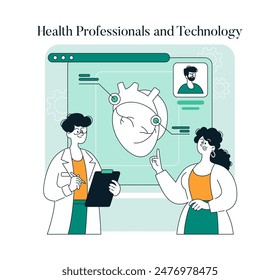 Wellness Monitoring concept. Healthcare providers interact with advanced technology for patient care. Medical staff using digital tools for health assessment. Vector illustration.