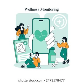 Wellness Monitoring Konzept. Menschen arbeiten mit App zusammen, um Fitness-Tracking, Medikamentenerinnerungen und virtuelle Gesundheitsversorgung zu ermöglichen. Vektorillustration.