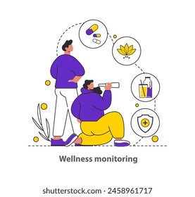 Wellness Monitoring concept Showcases proactive health engagement with medication, hydration, and protection measures Encourages consistent wellness habits Vector illustration