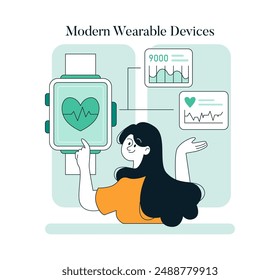 Wellness Monitoring concept. Woman interacts with a smartwatch displaying health stats for efficient self-care. Daily step count and heartbeat tracking. Vector illustration.