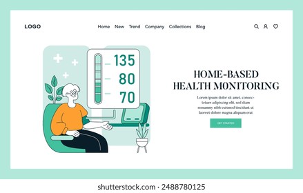 Wellness Monitoring concept. A woman interacts with advanced wearable technology for health tracking. Personal fitness data visualization. Vector illustration.