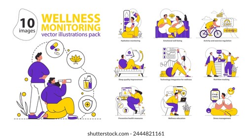 Wellness Monitoring set A comprehensive guide to holistic health: hydration, nutrition, exercise, sleep, and stress Illustrates self-care importance Vector illustration