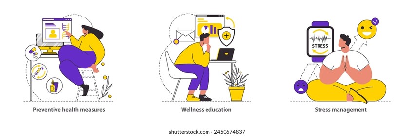 Wellness Monitoring set Depicts preventive health strategies, online wellness learning, and effective stress control Encourages proactive wellbeing Vector illustration