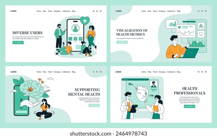 Wellness Monitoring set. Digital health tracking and support across various user groups. Mental health care, fitness indicators, and medical professional consultation. Vector illustration.