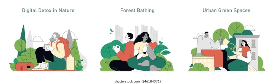 Wellness in nature set. People engaging in digital detox, forest bathing, and enjoying urban green spaces for mental health. Vector illustration.