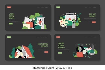 Wellness in nature set. People engaging in digital detox, forest bathing, and enjoying urban green spaces for mental health. Vector illustration.