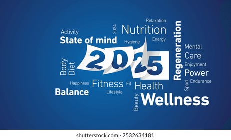 Wellness Neujahr 2025 glänzend weißes Wort Wolke Text mit blauem weißem Kalender 2025 Seiten blauer Brett Hintergrund