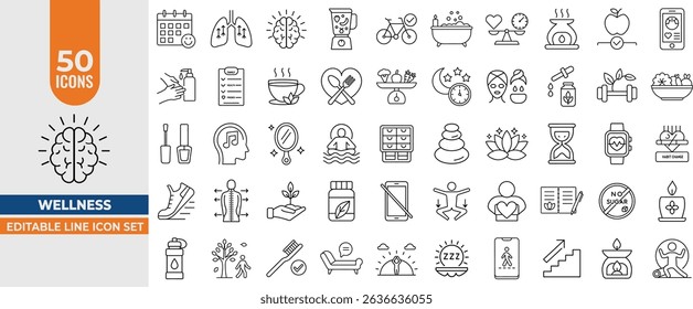 Wellness Outline Icon Set – Editable Stroke Vector Illustrations for Health, Self-Care, and Fitness on White Background