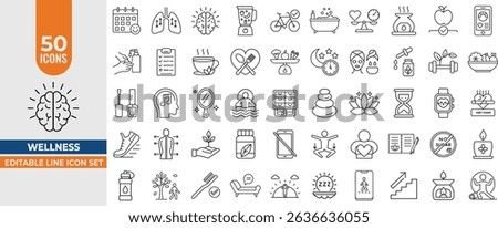 Wellness Outline Icon Set – Editable Stroke Vector Illustrations for Health, Self-Care, and Fitness on White Background