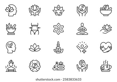 Wellness  outline icons set. Healthy habits, yoga, spa, aromatherapy, relaxation, sleep, exercise and diet. Vector illustration