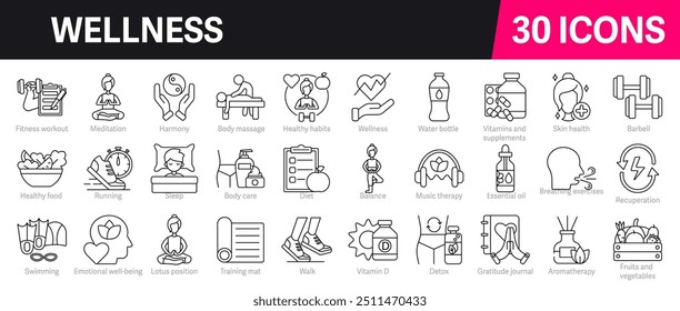 Wellness Outline Vector Icon Collection. A set of outline icons related to spa, mental health, wellbeing, healthcare, relaxation, sleep, yoga, meditation and more. Editable stroke. Vector illustration