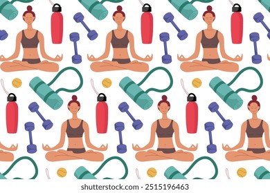 Wellness pattern featuring a woman meditating among fitness equipment in a cheerful design