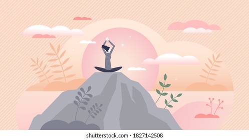 Wellness As Physical And Mental Health Harmony Balance Tiny Persons Concept. Mind Peace Control With Yoga And Calm Meditation In Nature Vector Illustration. Daily Habits For Improving Life Quality.
