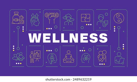 Wellness purple word concept. Spiritual healing, holistic health. Therapeutic spirituality. Horizontal vector image. Headline text surrounded by editable outline icons