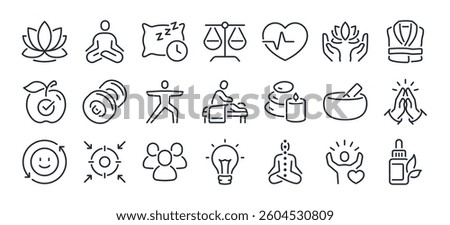 Wellness, relax and self care editable stroke outline icons set isolated on white background flat vector illustration. Pixel perfect. 64 x 64.