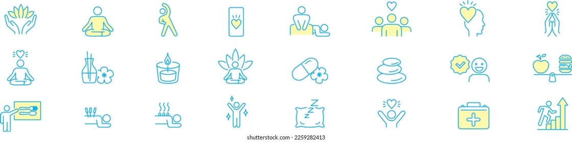 Wellness, relaxation, health, exercise, yoga, spa, diet, wellbeing, icon set collection.