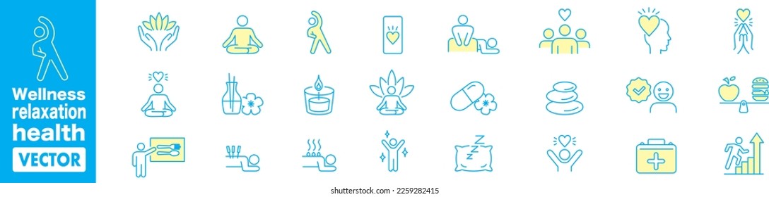 Wellness, relaxation, health, exercise, yoga, spa, diet, wellbeing, icon set collection.