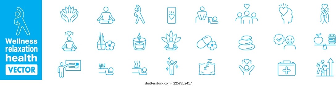 Wellness, relaxation, health, exercise, yoga, spa, diet, wellbeing, icon set collection.